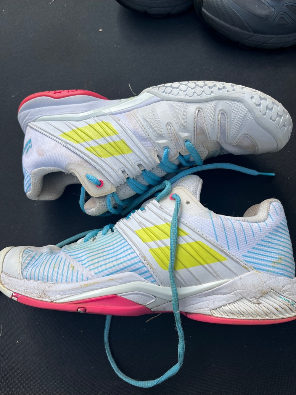 Babalat sz 9 Women’s White Athletic Shoes with Neon Yellow Stripes and Pink